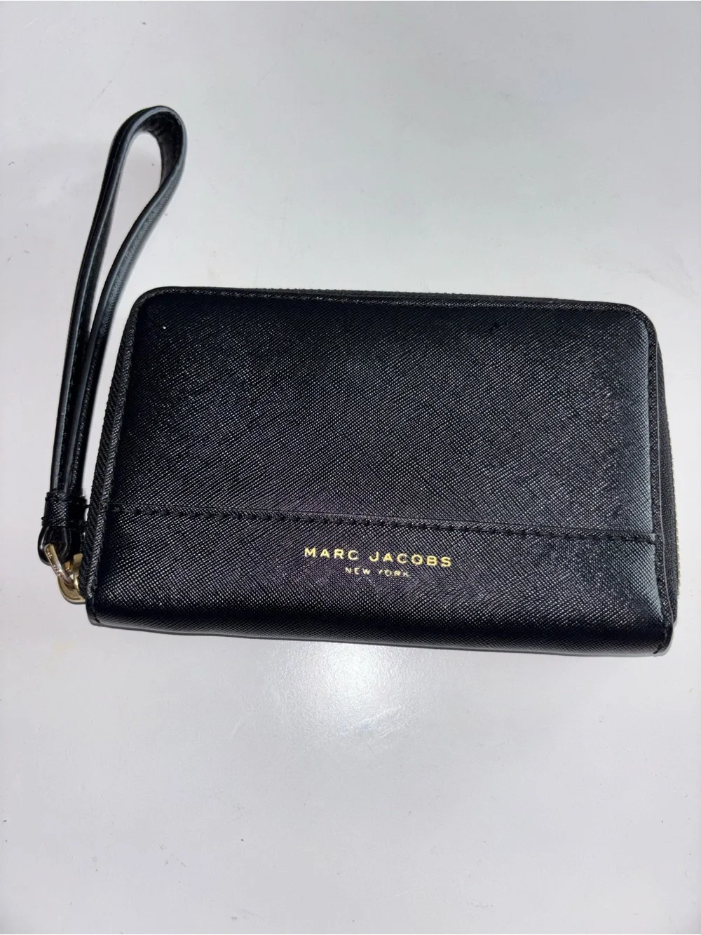 Marc Jacobs Black Saffiano Wristlet Clutch with Gold Logo